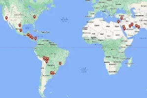 Mapa mostrando los paises en que Elias ha entrenado equipos.  